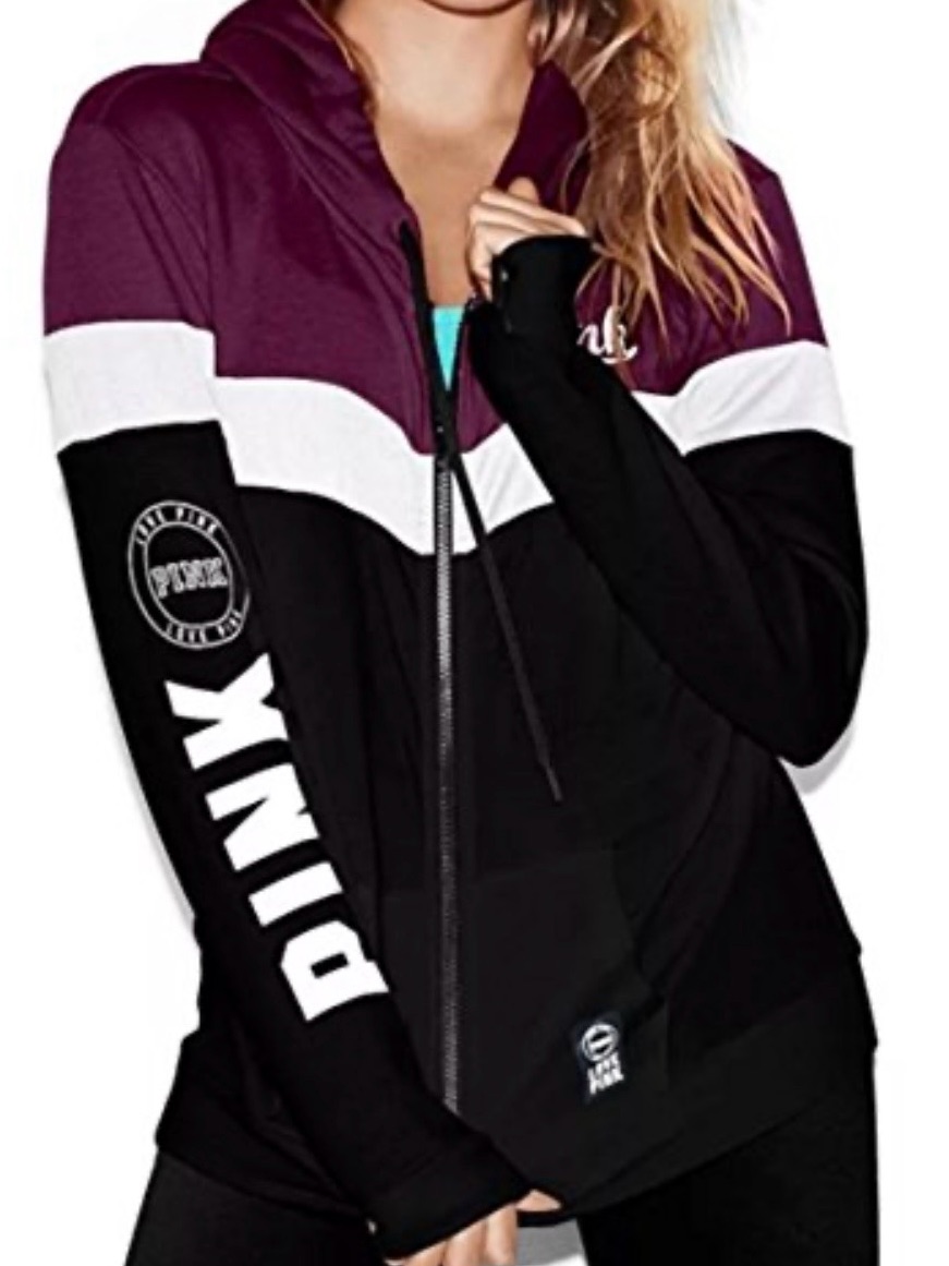 Pink Zip-Up Hoodie In Burgundy, White & Black